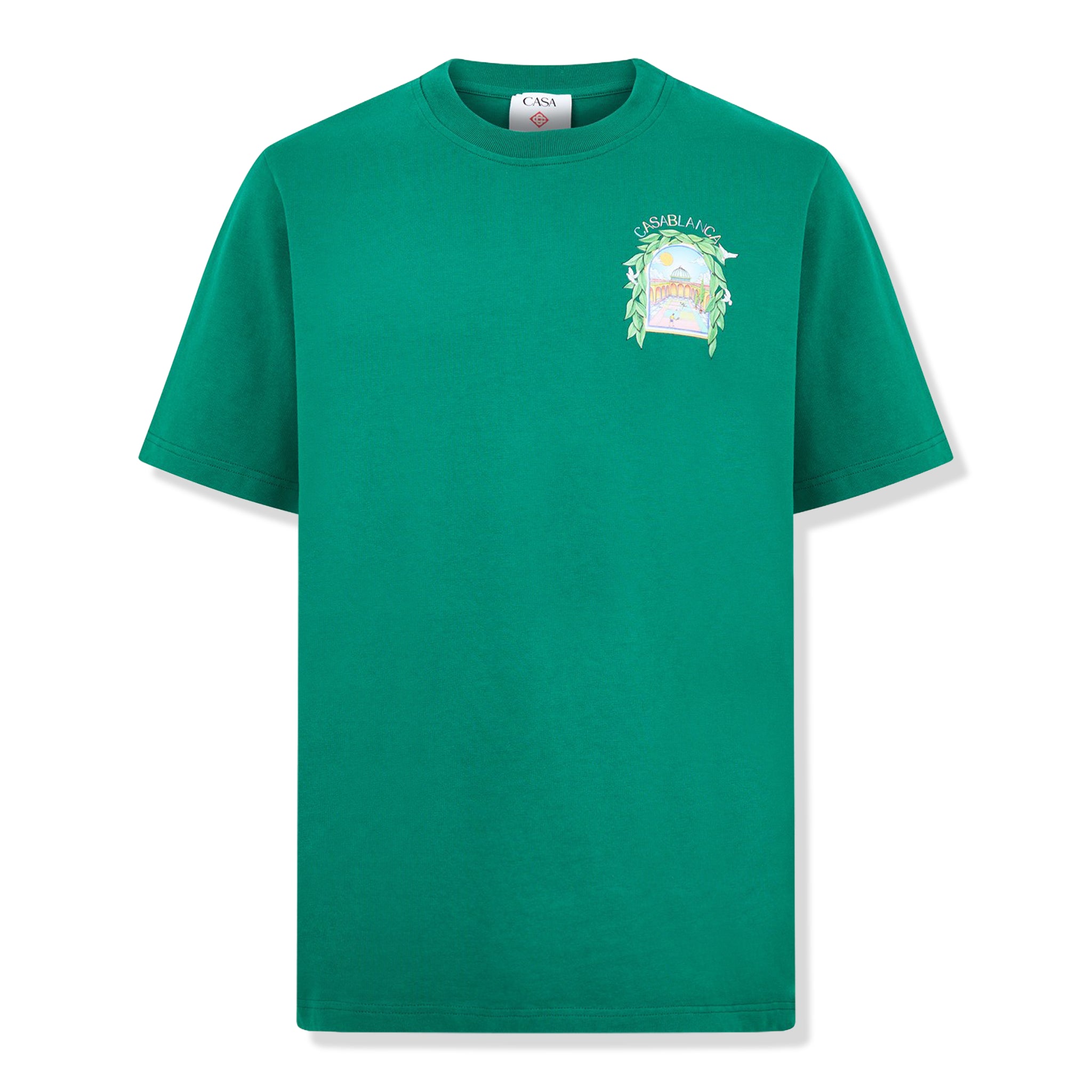 Front view of Casablanca L'Arche Tennis Club Graphic Racing Green T Shirt MPF25-JTS-001-17